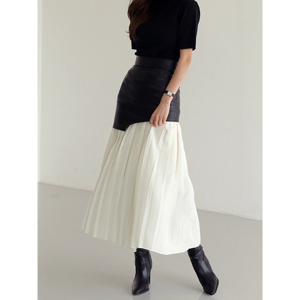 Commense Asymmetric Patchwork Faux Leather Chiffon Pleated Maxi Skirt Medium - Picture 5 of 7